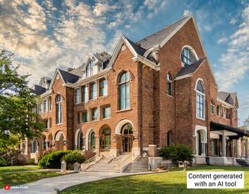 A large, three-story brick building with arched windows and steep gabled roofs under a partly cloudy sky. Text overlay reads, Content generated with an AI tool.