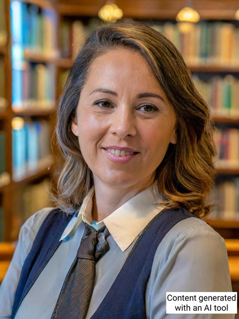 A woman with shoulder-length hair, wearing a light collared shirt, vest, and tie, stands in front of bookshelves in a library. Text overlay reads, Content generated with an AI tool.